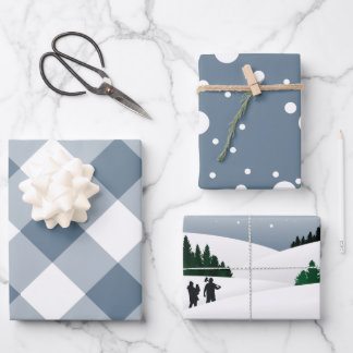 Holiday Dusty Blue Kariert und Winterschneewald Geschenkpapier Set