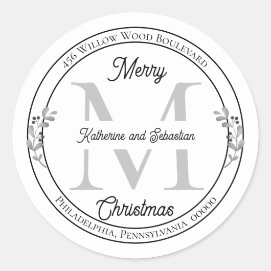 Holiday Elegante Monogram Rücksendeadresse Siegel Runder Aufkleber (Vorderseite)