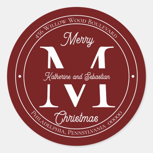 Holiday Elegante Monogram Rücksendeadresse Siegel Runder Aufkleber (Vorderseite)