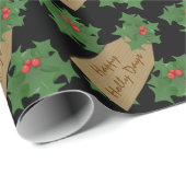 Holiday Festive Holly Berry Custom Black Christmas Geschenkpapier (Rolleneckpunkt)