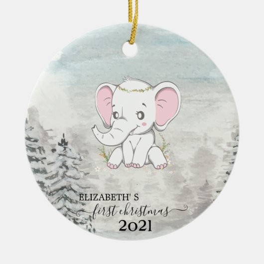 Holiday First Christmas Baby Elephant Pine Tree Keramik Ornament (Vorne)