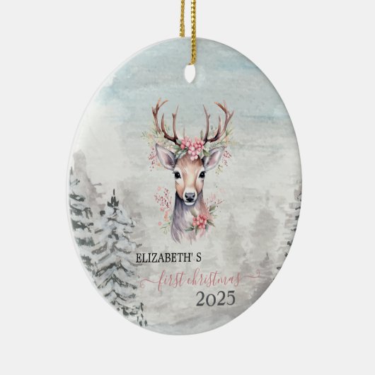 Holiday First Christmas Baby Rentier Holly Berry Keramik Ornament (Rechts)