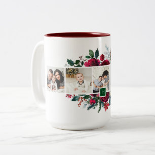 Holiday Floral 5 Foto Collage Monogramm Weihnachte Zweifarbige Tasse