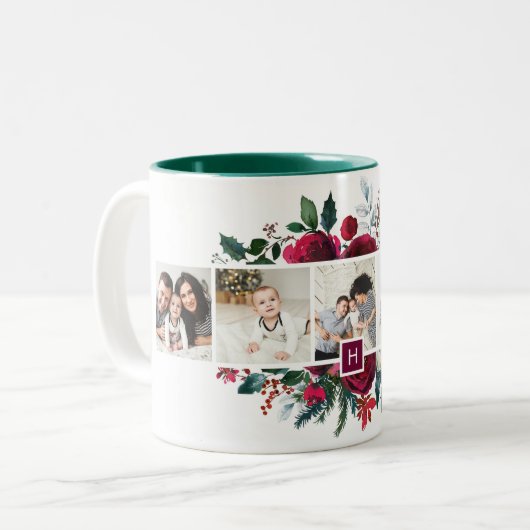Holiday Floral 5 Foto Collage Monogramm Weihnachte Zweifarbige Tasse (Vorderseite Links)