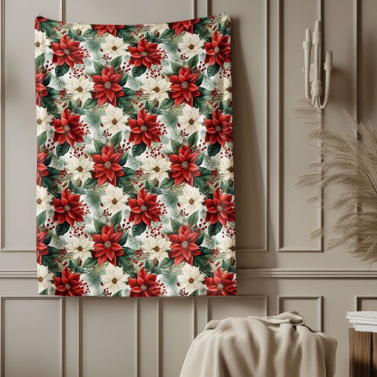 Holiday Floral Blanket Cozy Red Christmas Accent Fleecedecke