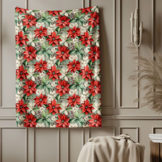 Holiday Floral Blanket Red Poinsettia Cozy Throw Fleecedecke