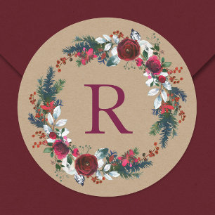 Holiday Floral Christmas Wreath Monogram Runder Aufkleber