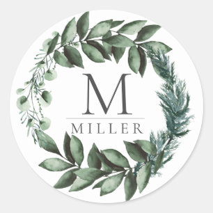 Holiday Floral Eukalyptus Initial Monogram Runder Aufkleber