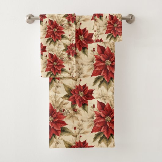 Holiday Floral Tablecloth Classic Red Poinsettias Badhandtuch Set (Insitu)