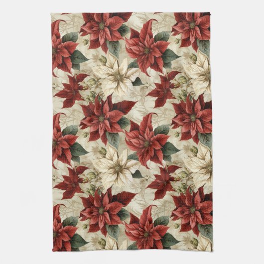 Holiday Floral Towel Classic Red Poinsettia Art Geschirrtuch (Vertikal)