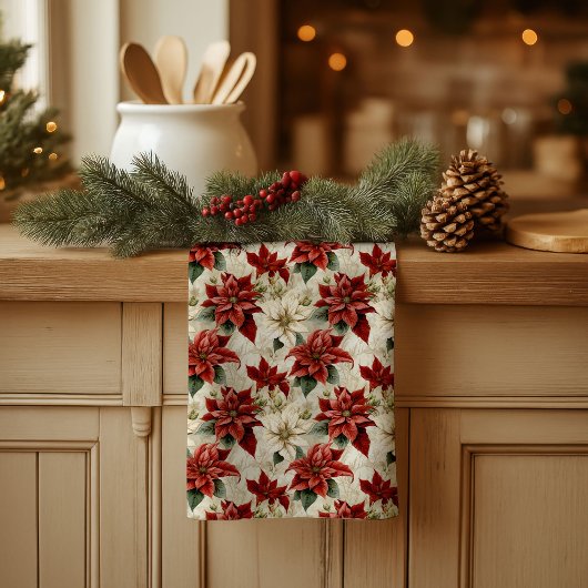 Holiday Floral Towel Classic Red Poinsettia Art Geschirrtuch