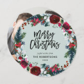 Holiday Floral Weihnachtskranz Foto Feiertagskarte (Vorne/Hinten)