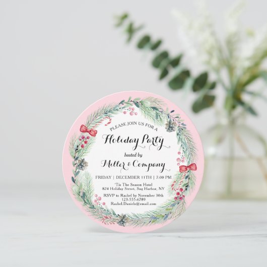 Holiday Floral Wreath Corporate Weihnachtsfest Par Einladung (Stehend Vorderseite)