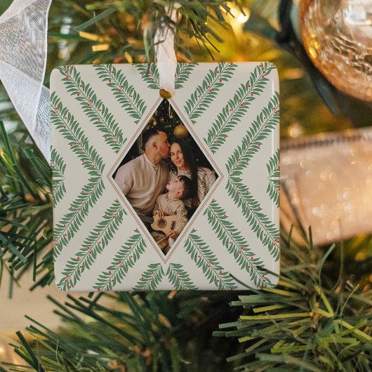 Holiday Foliage Quadrant Ivory and Green Keramikornament