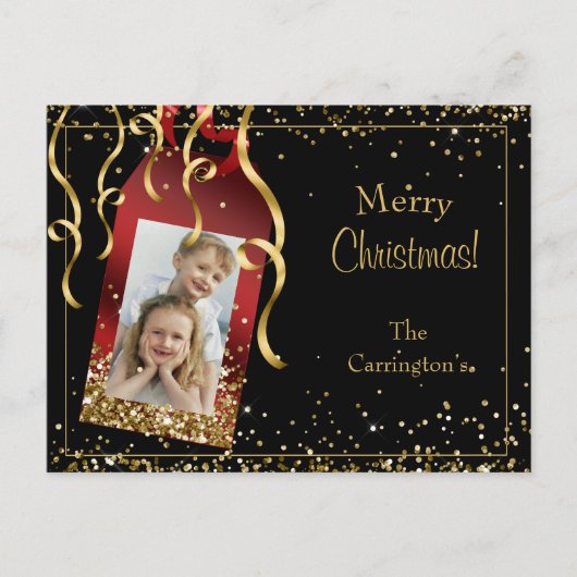 Holiday Foto Gold Glitzer Script Weihnachten Postkarte (Vorderseite)