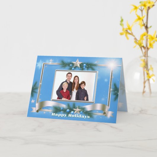 Holiday Foto Gruß auf Blau mit Silver Frame Karte (Gelbe Blume)