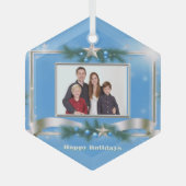 Holiday Foto Ornament on Blue mit Silver Frame Aus Glas (Vorderseite)