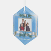 Holiday Foto Ornament on Blue mit Silver Frame Aus Glas (Vorderseite Links)