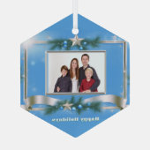 Holiday Foto Ornament on Blue mit Silver Frame Aus Glas (Rückseite)