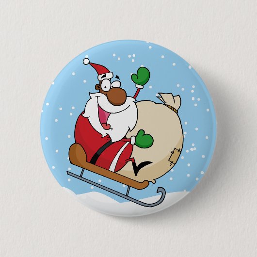 Holiday Fun Black Santa Claus Riding Sled Button (Vorderseite)