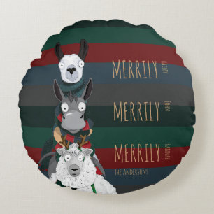 Holiday Funny "Merrily" Schafe Donkey Llama Streif Rundes Kissen