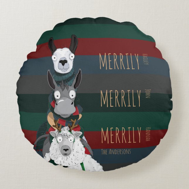 Holiday Funny "Merrily" Schafe Donkey Llama Streif Rundes Kissen (Vorderseite)