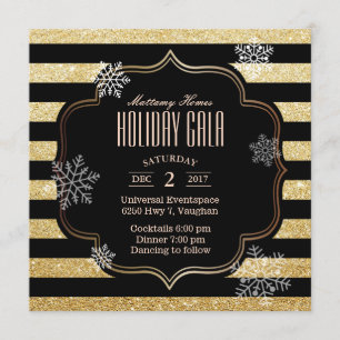 Holiday Gala Black & Gold Streifen Snowflakes Einladung
