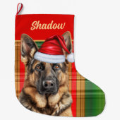 Holiday German Shepherd Plaid with Dog's Name Großer Weihnachtsstrumpf (Vorderseite)