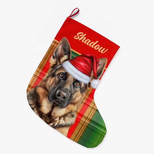 Holiday German Shepherd Plaid with Dog's Name Großer Weihnachtsstrumpf (Vorderansicht (hängend))
