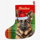 Holiday German Shepherd Plaid with Dog's Name Großer Weihnachtsstrumpf (Rückseite)