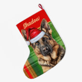 Holiday German Shepherd Plaid with Dog's Name Großer Weihnachtsstrumpf (Rückseite (Hängend))