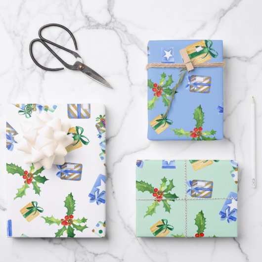 Holiday Geschenk Wrap Blue Presents Bundle Geschenkpapier Set (Vorderseite)