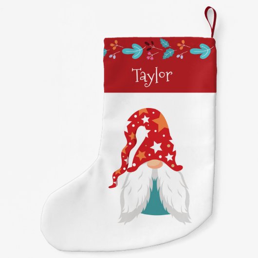 Holiday Gnome Modern Red Leaf Border Name Niedlich Kleiner Weihnachtsstrumpf (Rückseite)
