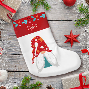Holiday Gnome Modern Red Leaf Border Name Niedlich Kleiner Weihnachtsstrumpf