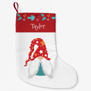 Holiday Gnome Niedlich Modern Red Leaf Border Name Kleiner Weihnachtsstrumpf