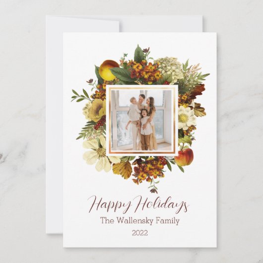 Holiday Gold Floral Foto Christmas Einladung (Vorderseite)