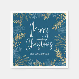 Holiday Gold Greenery Dark Blue Christmas Serviette