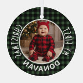 Holiday Green & Black Kariert First Christmas Cust Ornament Aus Glas (Rückseite)