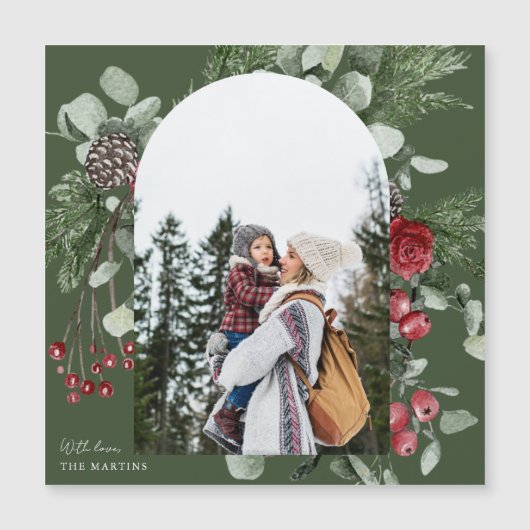 Holiday Green Botanical Foto Arch Weihnachten Magnetkarte (Vorderseite)