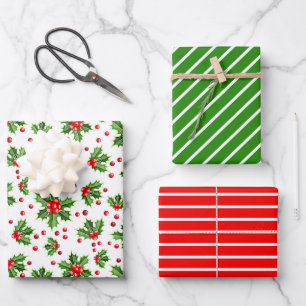 Holiday Green Holly Red Berries Stripes Muster Geschenkpapier Set