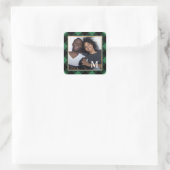 Holiday Green Kariert mit Monogram Foto Quadratischer Aufkleber (Tasche)