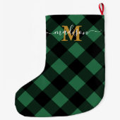 Holiday Green Kariert mit Monogramm und Name Großer Weihnachtsstrumpf (Rückseite)
