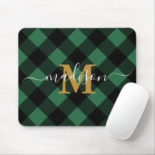 Holiday Green Kariert mit Monogramm und Name Mousepad