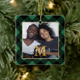 Holiday Green Kariert Monogram mit Name Foto Keramikornament