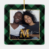 Holiday Green Kariert Monogram mit Name Foto Keramikornament (Rückseite)