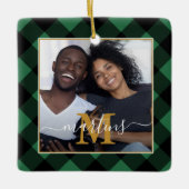 Holiday Green Kariert Monogram mit Name Foto Keramikornament (Vorderseite)