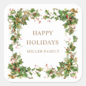 Holiday Greenery Border Monogram Quadratischer Aufkleber (Vorderseite)