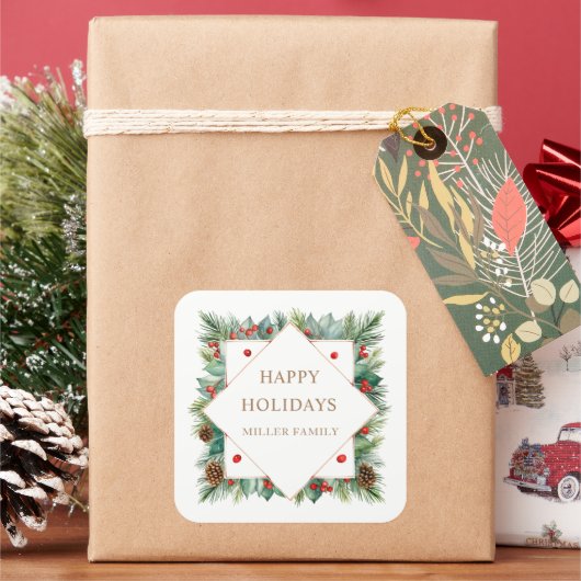 Holiday Greenery Border Monogram Quadratischer Aufkleber (Feiertag)