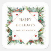 Holiday Greenery Border Monogram Quadratischer Aufkleber (Vorderseite)