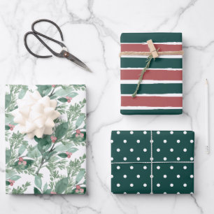 Holiday Greenery Dark Green und Red Christmas Geschenkpapier Set